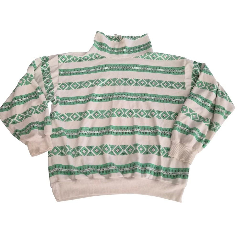 ATO Just Fashion Vintage Patterned Sweatshirt Green White Mock Neck Pullover